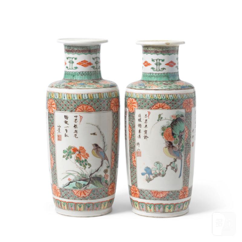 清康熙 五彩繪花鳥紋瓶一對 | A PAIR OF FAMILLE VERTE 'BIRD AND FLOWERS' ROULEAU VASES - 图5